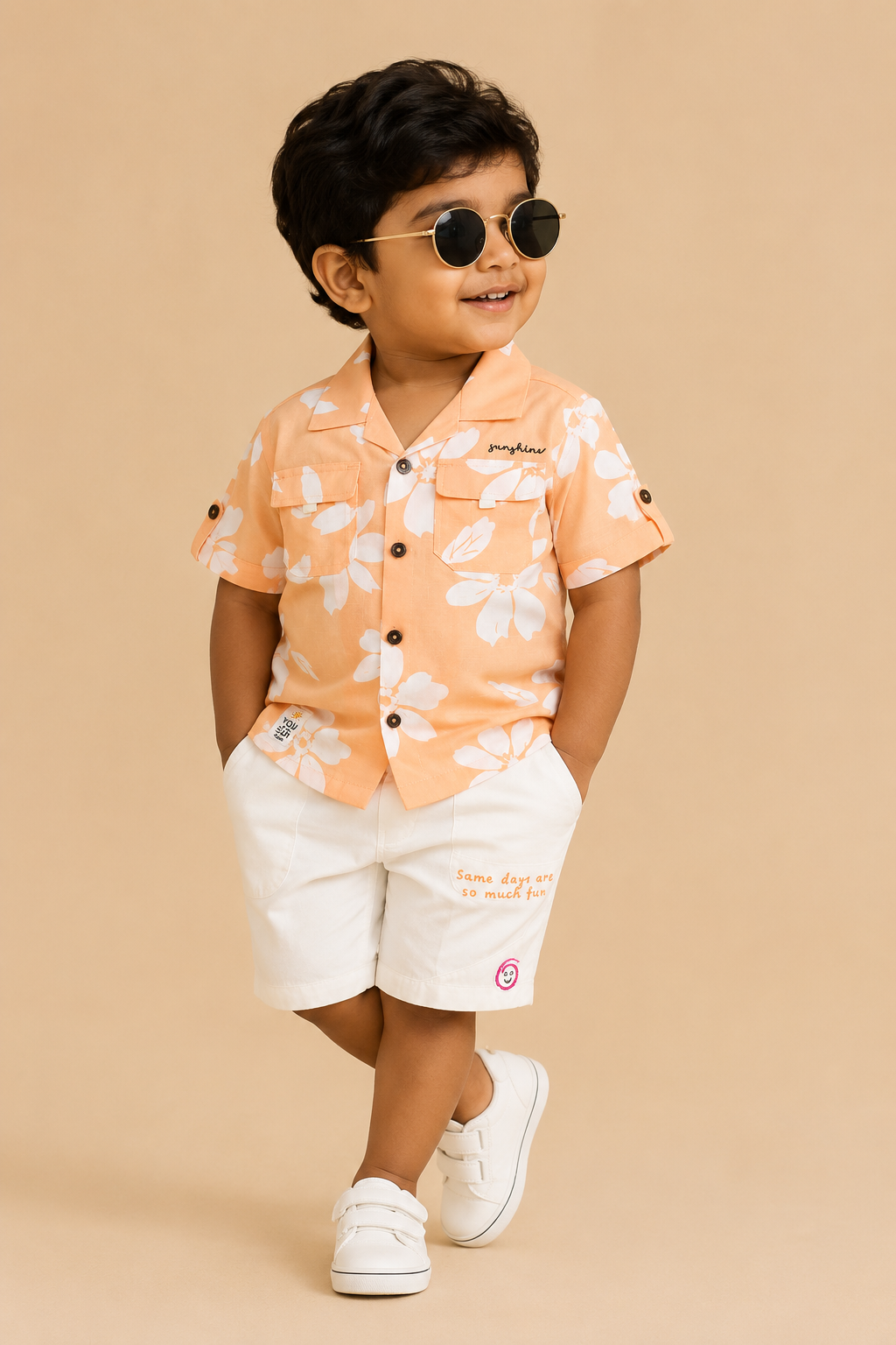 Toddler boy floral print Cuban collar short sleeve shirt with matching elasticated waistband shorts