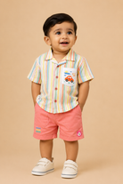 Baby Boy Striped Shirt with Car Appliqué and Matching Cuffed Shorts Set