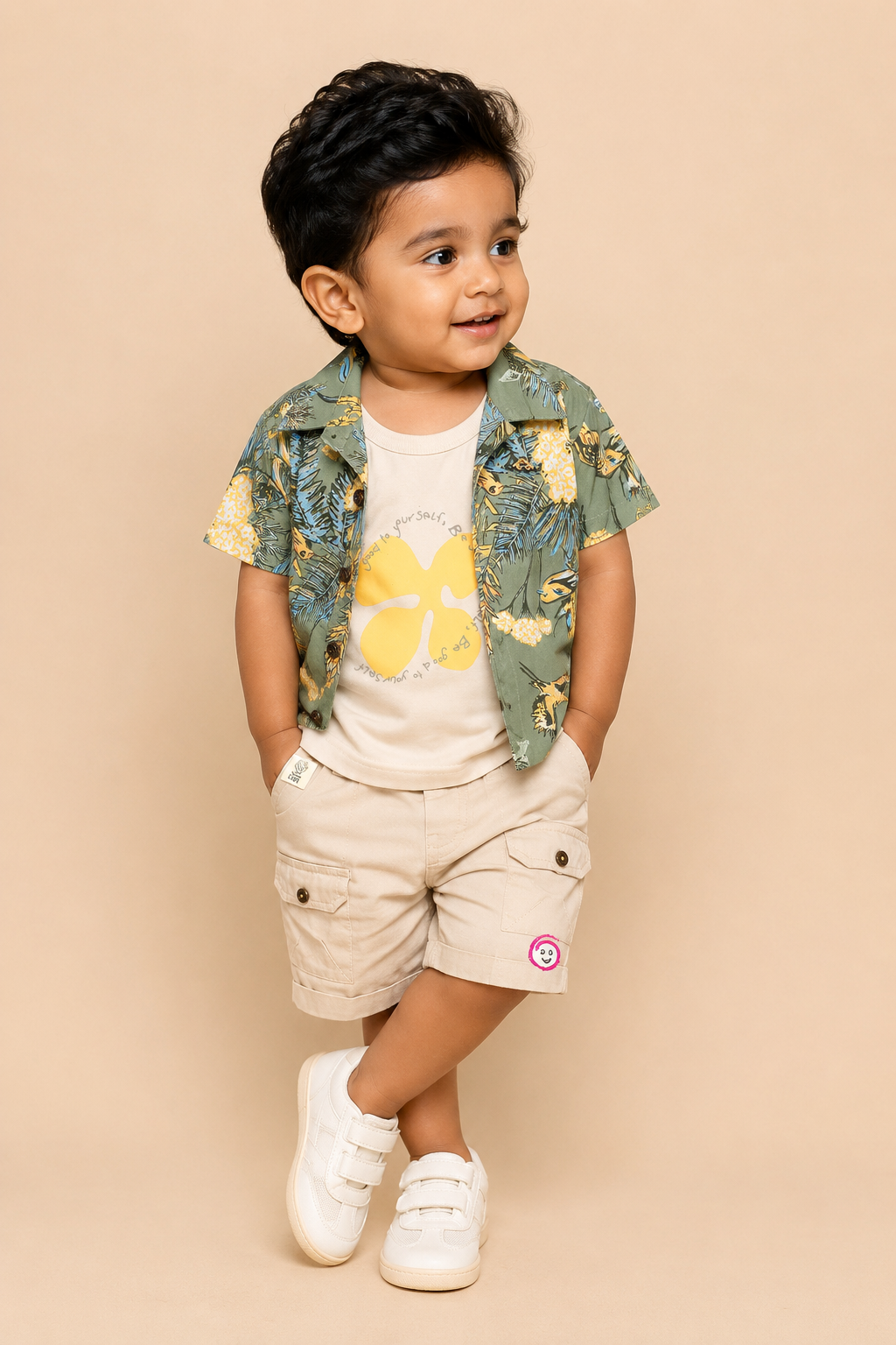 Toddler boys botanical print short sleeve shirt paired with pocket cargo shorts