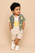 Toddler boys botanical print short sleeve shirt paired with pocket cargo shorts