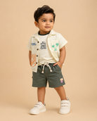 Toddler Boys Casual Outfit: Jungle Tiger Print Collared Shirt paired with Solid Drawstring Cargo Shorts