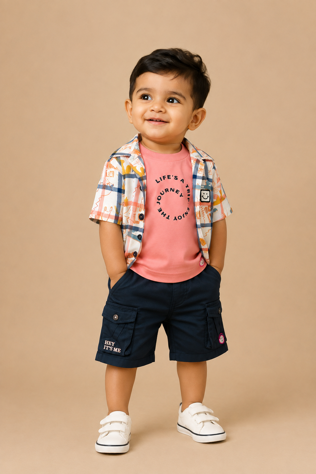 Toddler printed camp collar shirt paired with utility cargo shorts for young boys