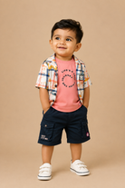 Toddler printed camp collar shirt paired with utility cargo shorts for young boys