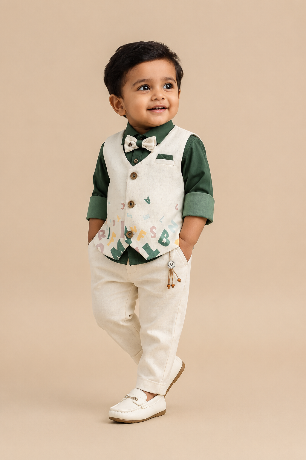 Toddler boys formal alphabet print waistcoat suit set with shirt, bowtie, and trousers flat lay.