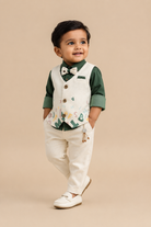 Toddler boys formal alphabet print waistcoat suit set with shirt, bowtie, and trousers flat lay.