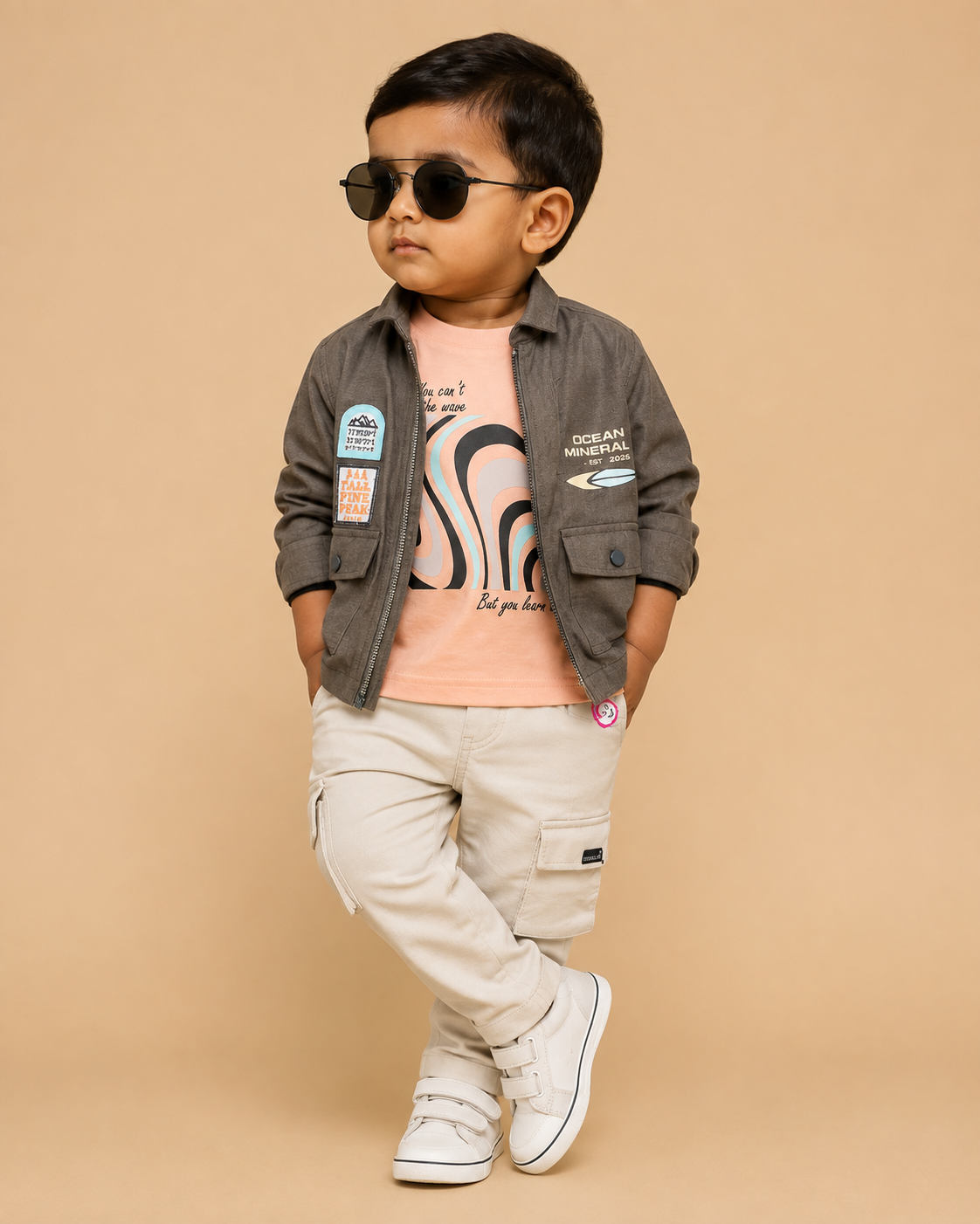 Modern two-piece casual set for toddler boys featuring a zip-front high-neck shirt jacket with graphic patches alongside matching cargo pants.