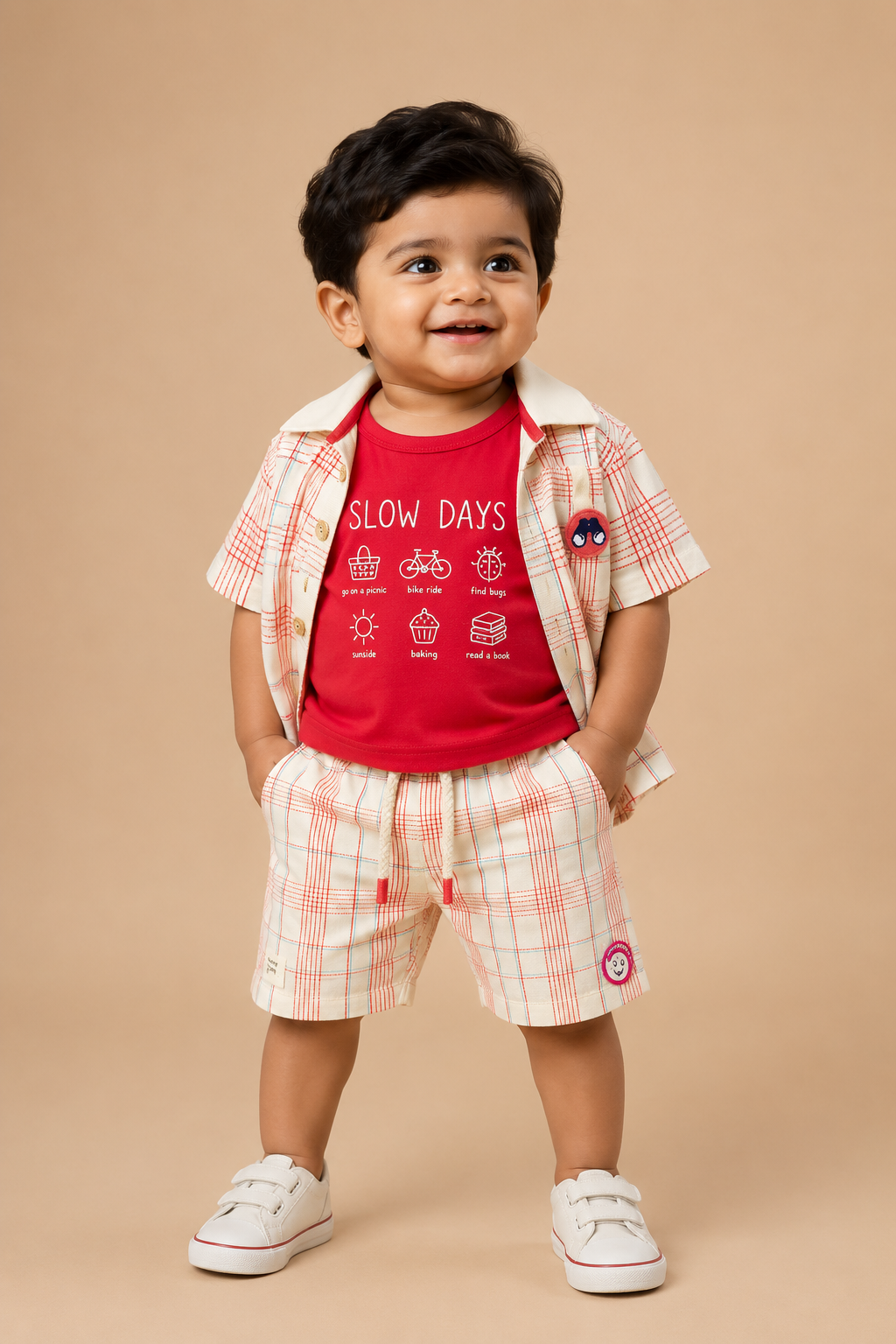 Toddler boys plaid button-down shirt paired with matching drawstring shorts