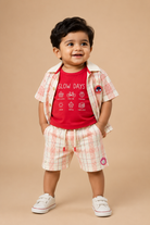 Toddler boys plaid button-down shirt paired with matching drawstring shorts