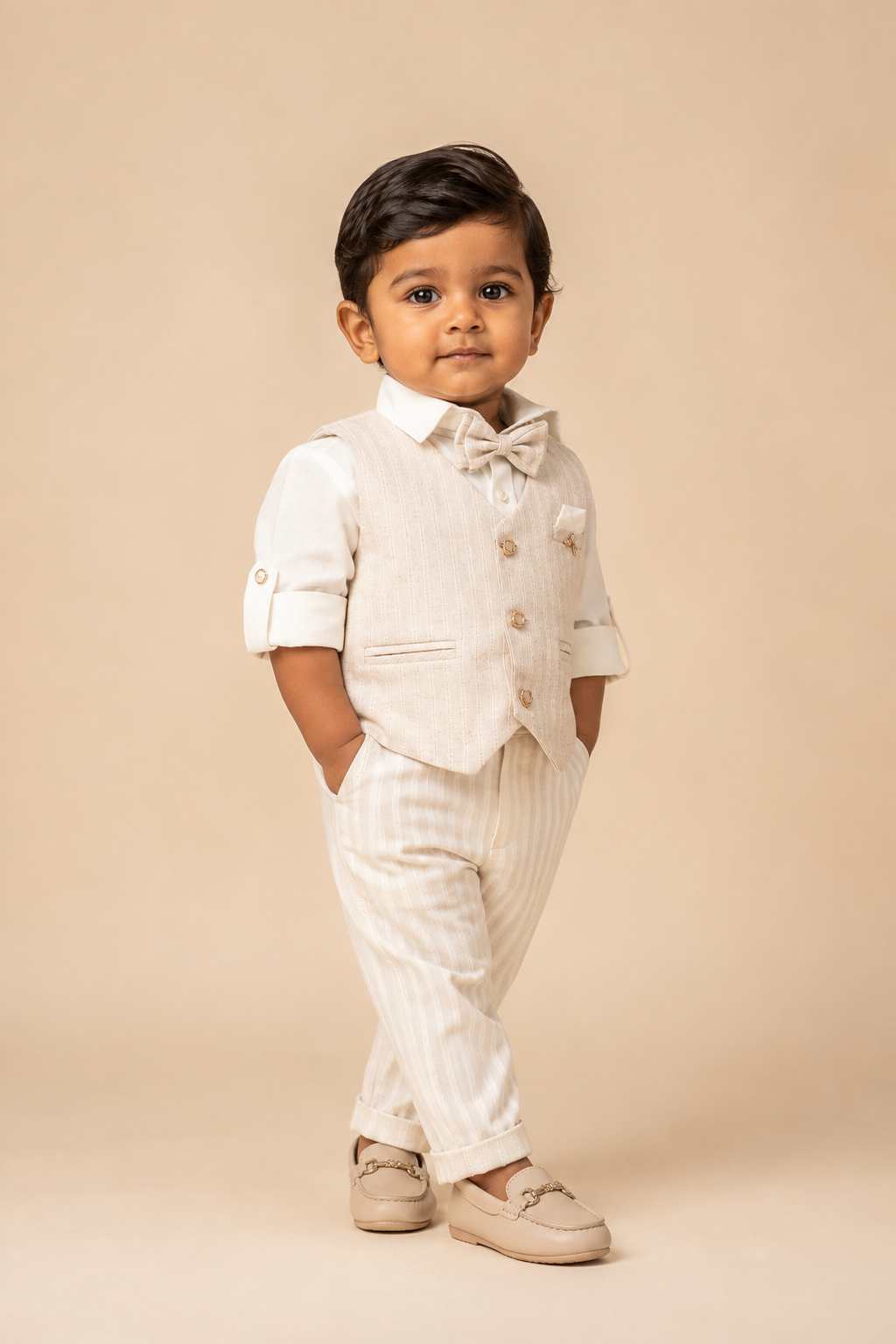 Boys textured linen waistcoat set featuring a collared shirt, matching bowtie, and tailored trousers.