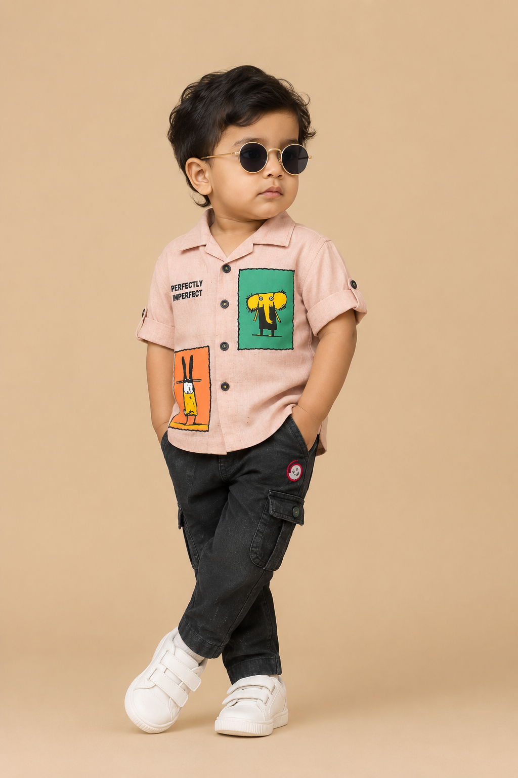 Boys graphic printed button down shirt with roll up sleeves paired with matching cargo pants