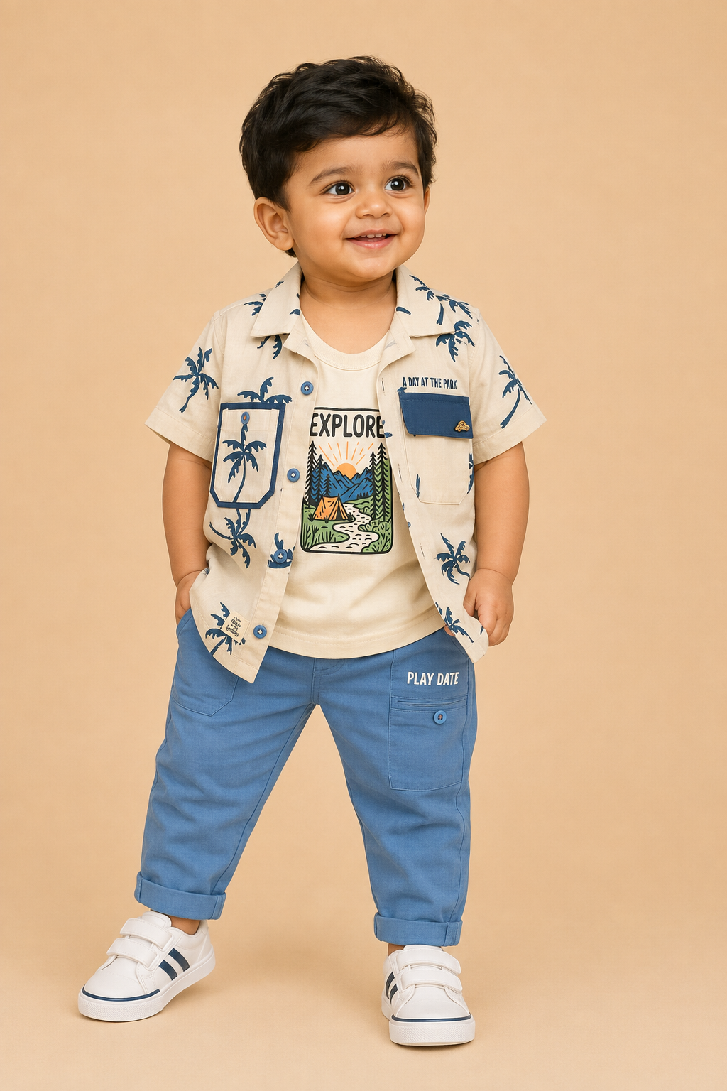 Stylish casual two-piece outfit for little gentleman featuring a printed button-down collared shirt with chest pockets and matching elasticated Pant.
