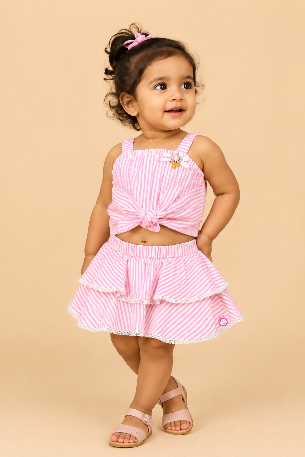Trendy striped two-piece set for baby girls featuring a sleeveless front-knot crop top with appliqué bow alongside a matching lace-trimmed tiered flared skirt on a hanger.