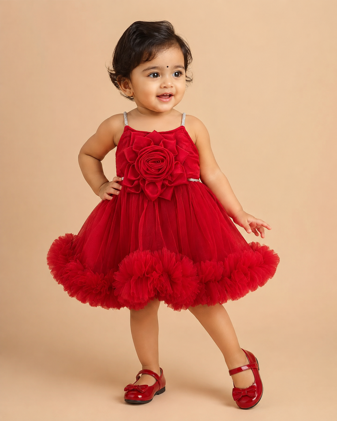 Elegant party frock for little princess with a grand 3D rose chest piece, sparkling spaghetti straps, and a dense ruffled net hemline hung on a wooden hanger.