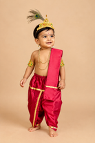 Little Krishna silk blend outfit with dhoti stole mukut feather flute and jewelry for Janmashtami