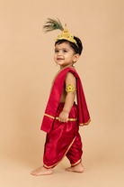 Little Krishna silk blend outfit with dhoti stole mukut feather flute and jewelry for Janmashtami