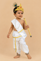 Infant Krishna dress featuring silk dhoti patka sash mukut with peacock feather flute and necklace