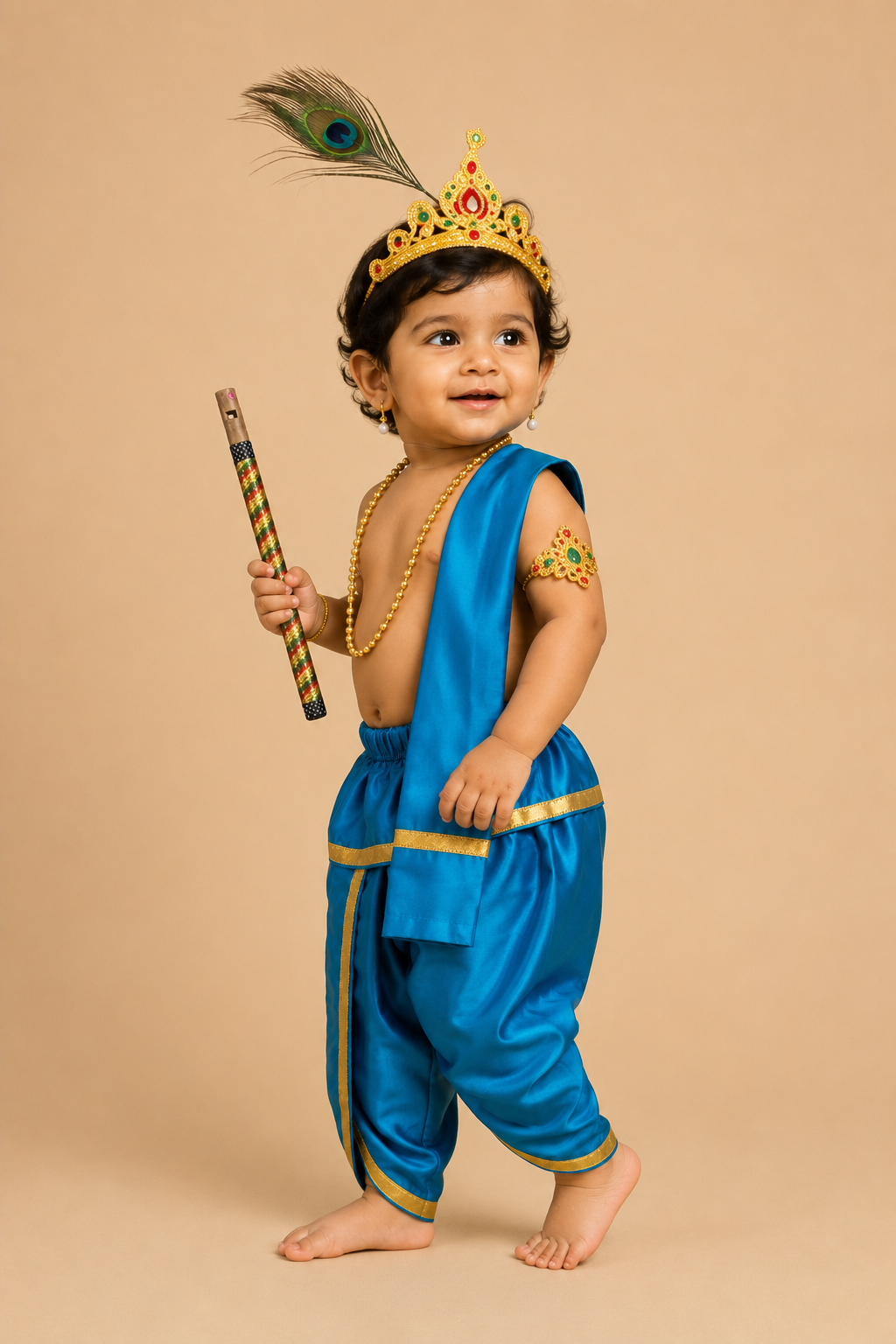 Young Prince Krishna dress set with mukut peacock feather flute dhoti and accessories for Gokulashtami