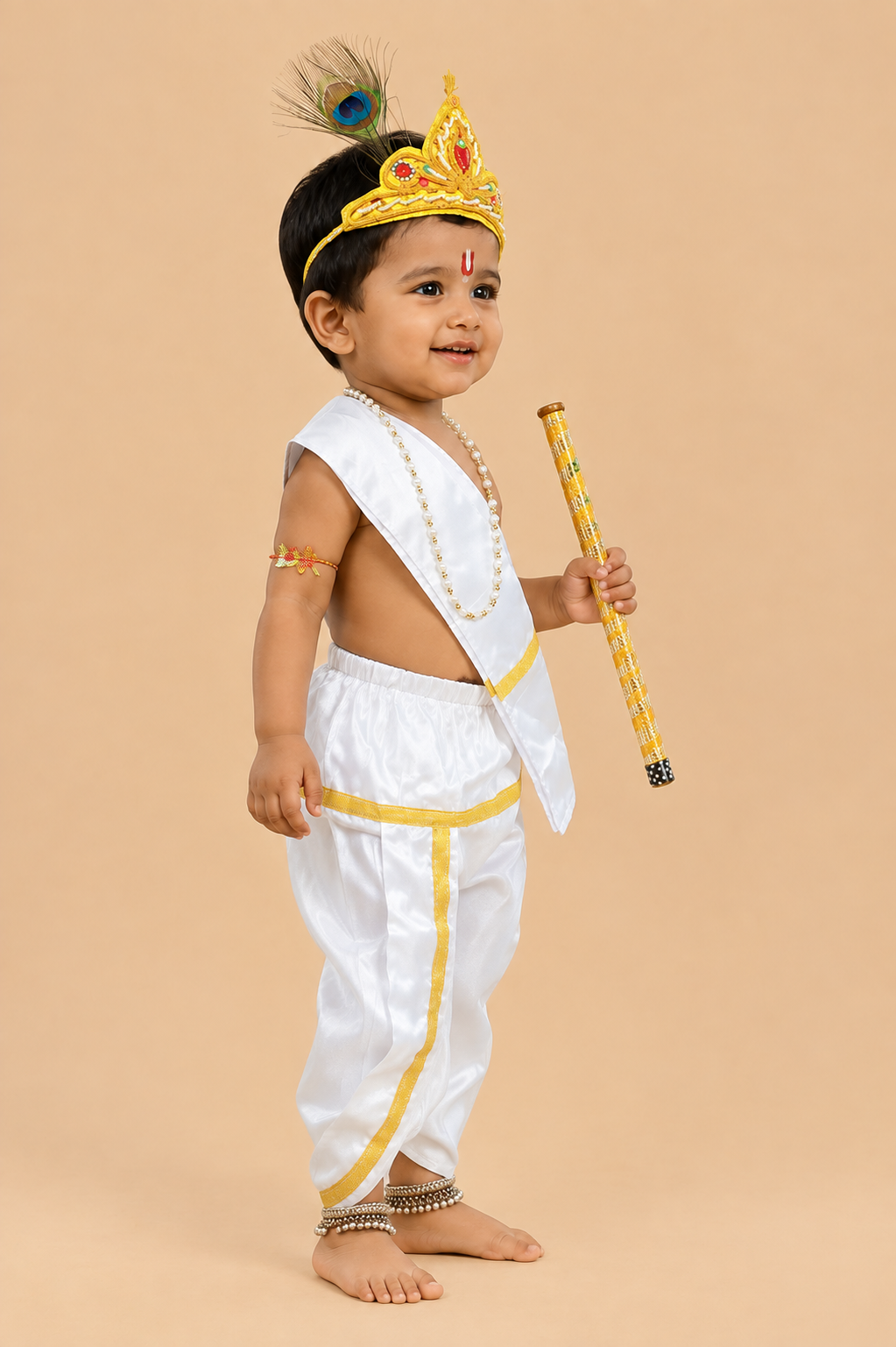 Infant Krishna dress featuring silk dhoti patka sash mukut with peacock feather flute and necklace