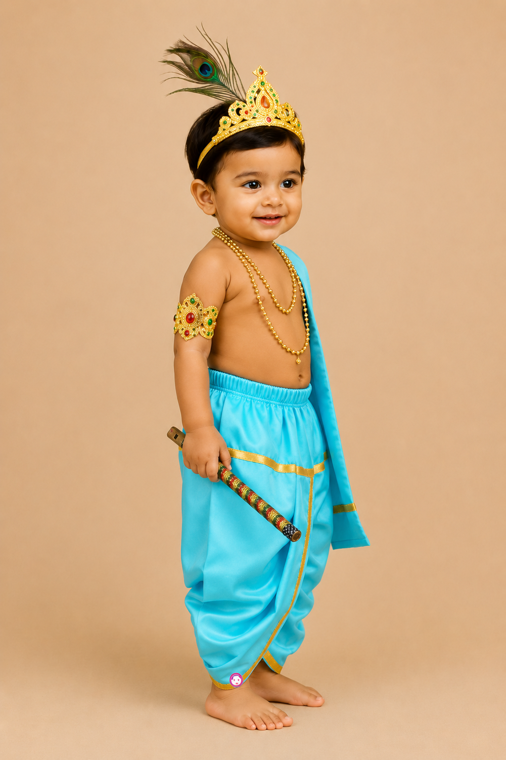 Toddler Krishna dress set with mukut peacock feather flute dhoti and accessories for Janmashtami celebrations