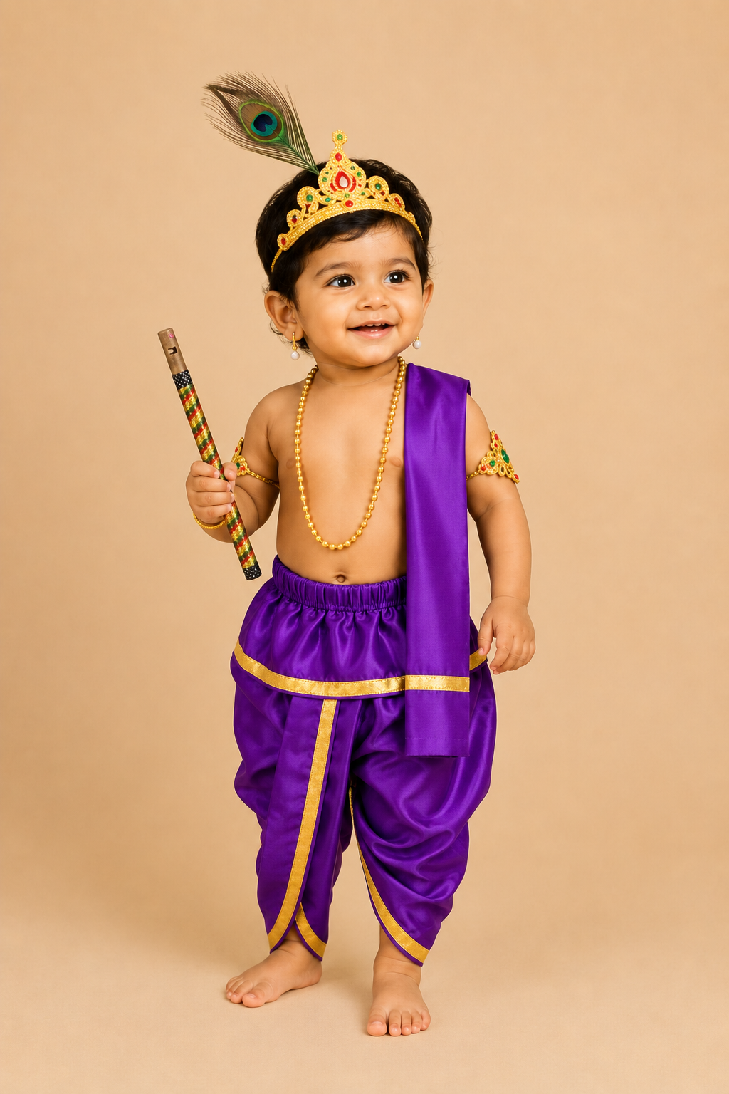 Infant Kanha outfit featuring dhoti stole mukut feather and flute for Gokulashtami celebrations