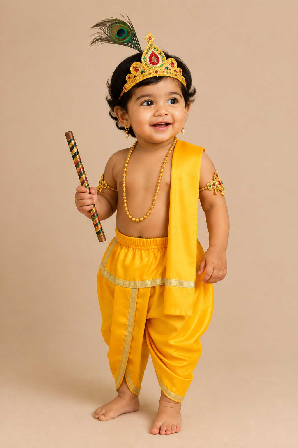 Toddler Krishna costume set with dhoti stole mukut feather flute and jewelry for Janmashtami