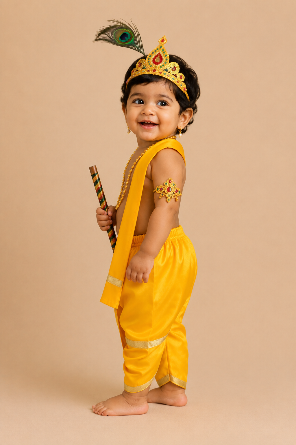 Toddler Krishna costume set with dhoti stole mukut feather flute and jewelry for Janmashtami