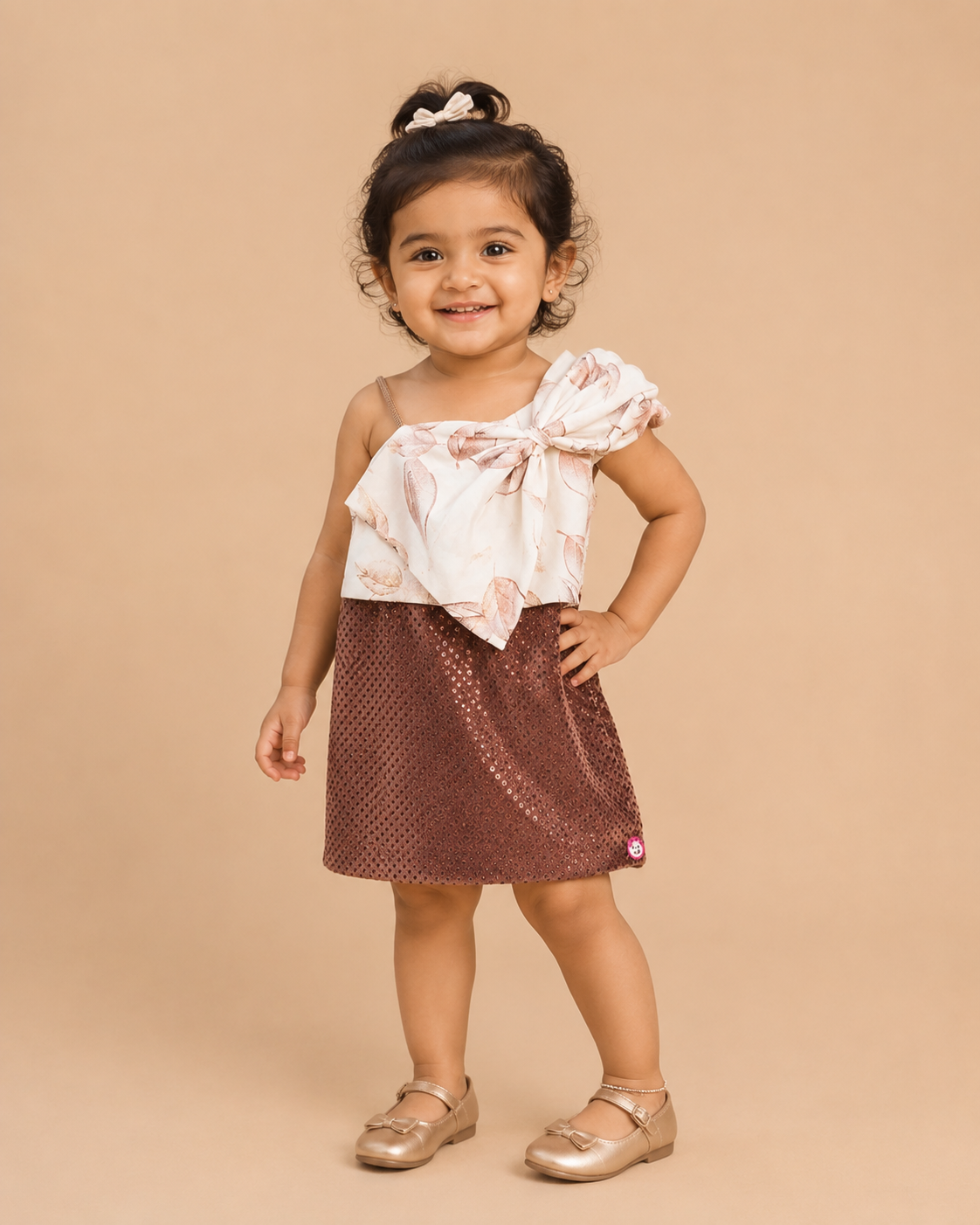 Baby girl sequined western midi dress with one shoulder design and bow detail