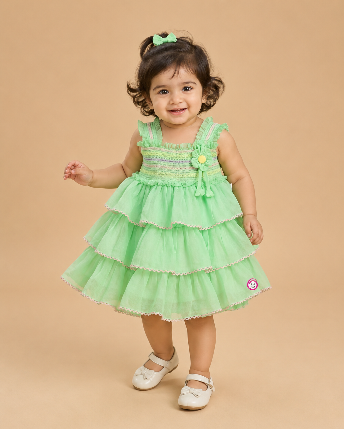 infant girls sleeveless smocked bodice tiered ruffle cotton frock with flower applique