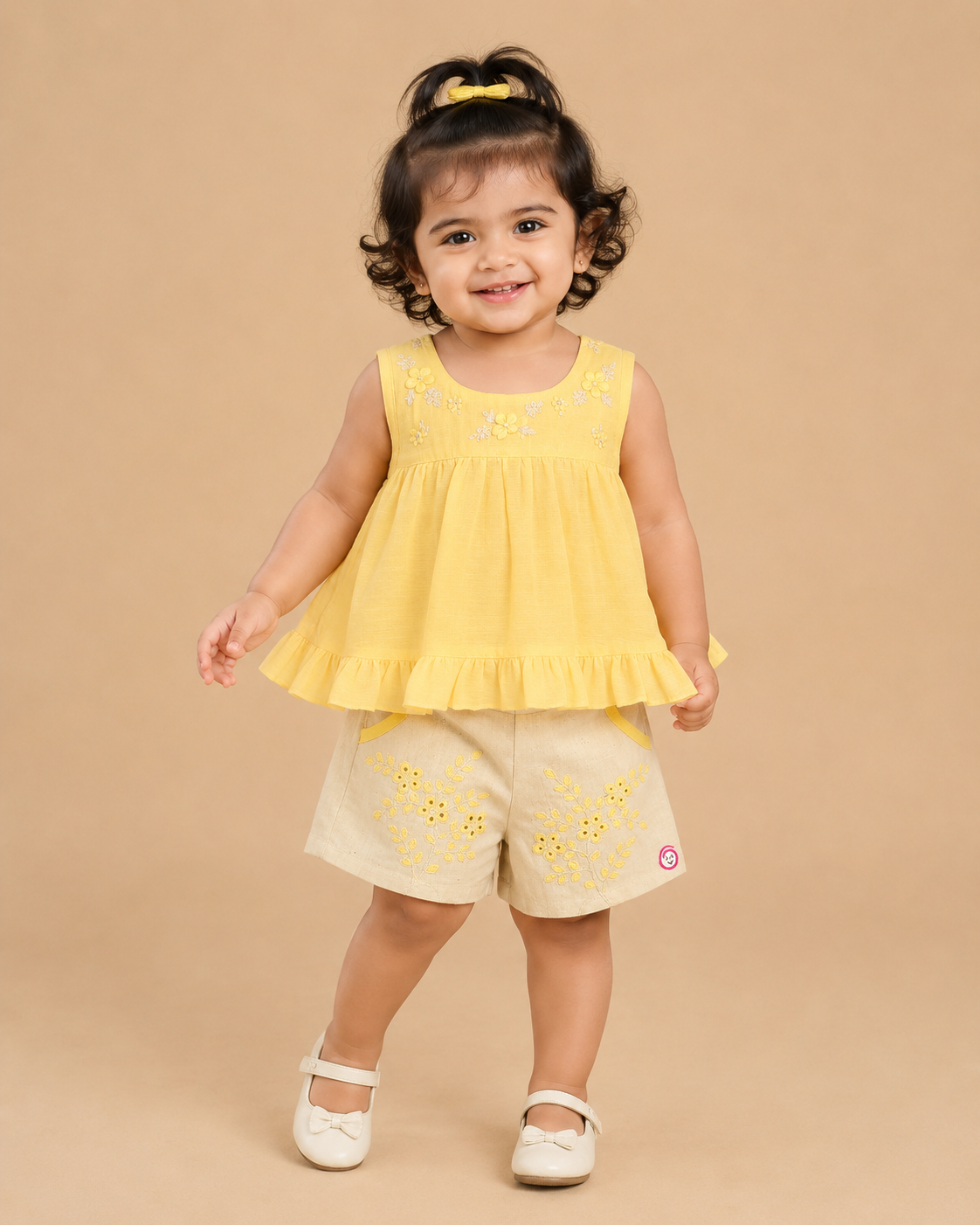 baby girl sleeveless cotton floral embroidered ruffle top with matching embroidered shorts set
