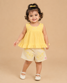 baby girl sleeveless cotton floral embroidered ruffle top with matching embroidered shorts set