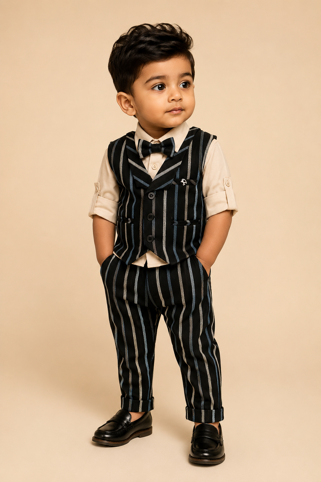 Little gentleman striped waistcoat suit set with shirt Pant and bow tie for boys