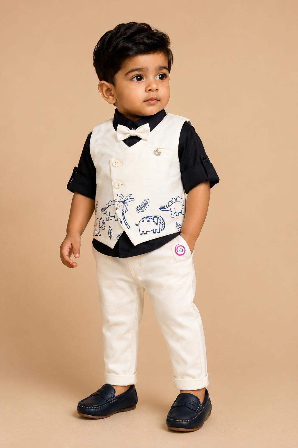 Infant wildlife graphic printed waistcoat suit set with shirt pant and bow tie for boys