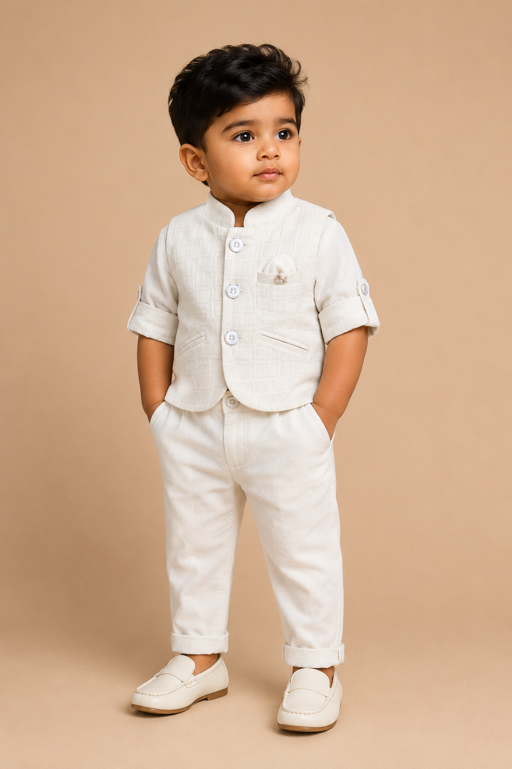 Dapper charmer textured pattern waistcoat suit set with shirt and pant for boys
