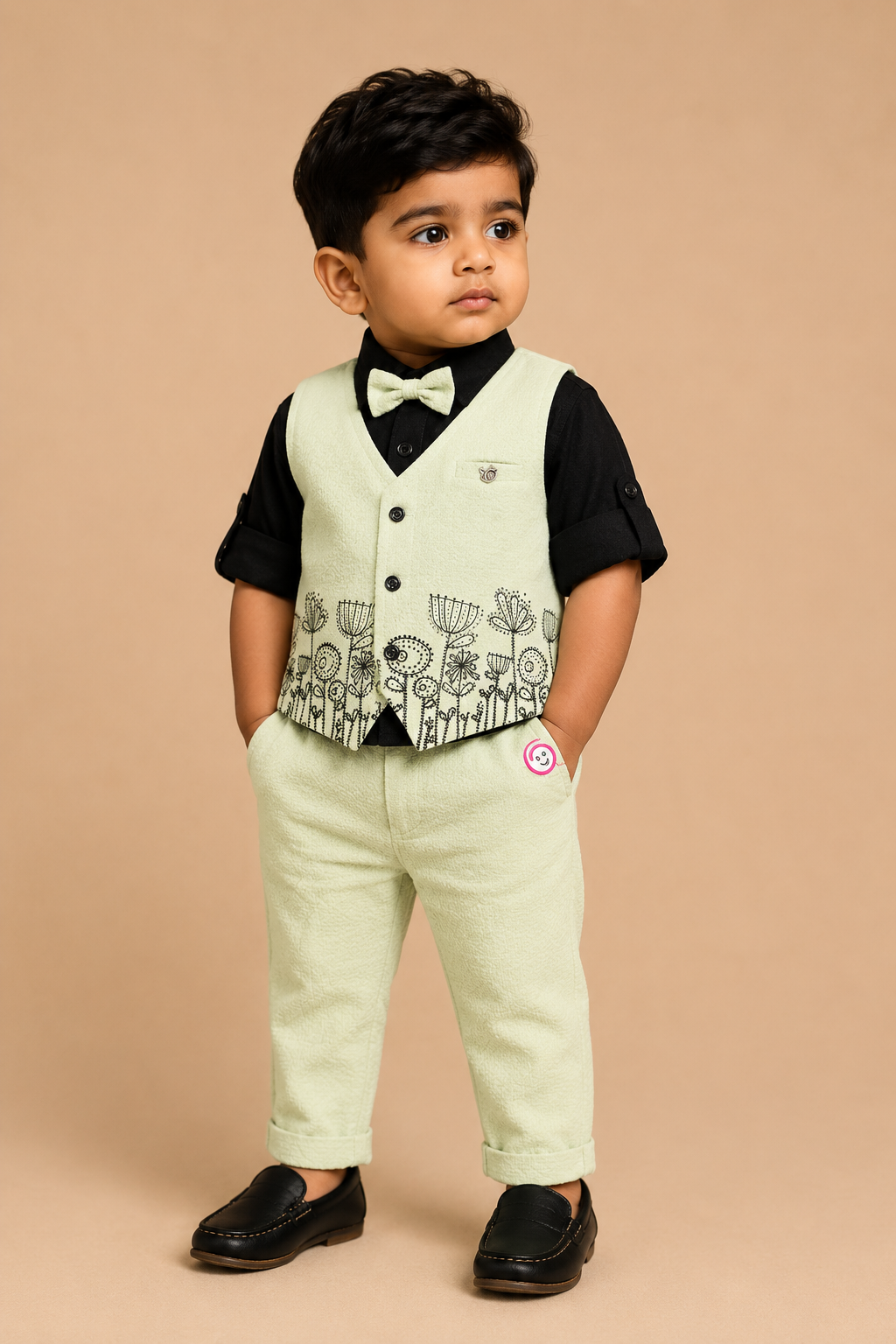 Charming icon botanical sketch printed waistcoat suit set with shirt Pant and bow tie for boys