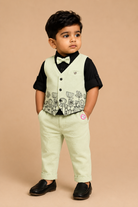 Charming icon botanical sketch printed waistcoat suit set with shirt Pant and bow tie for boys