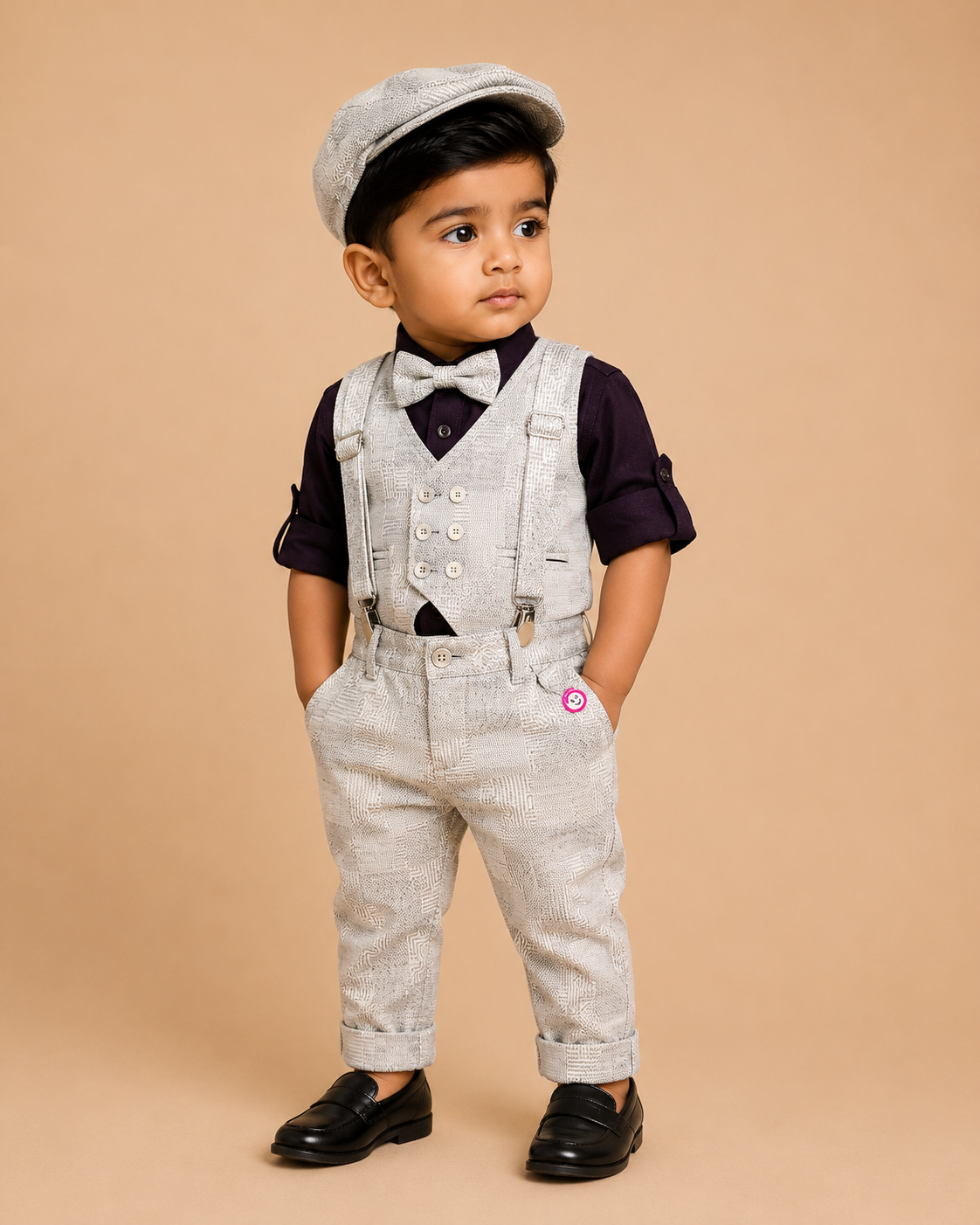 Toddler textured suspender suit set with waistcoat pant shirt bow tie and cap for boys