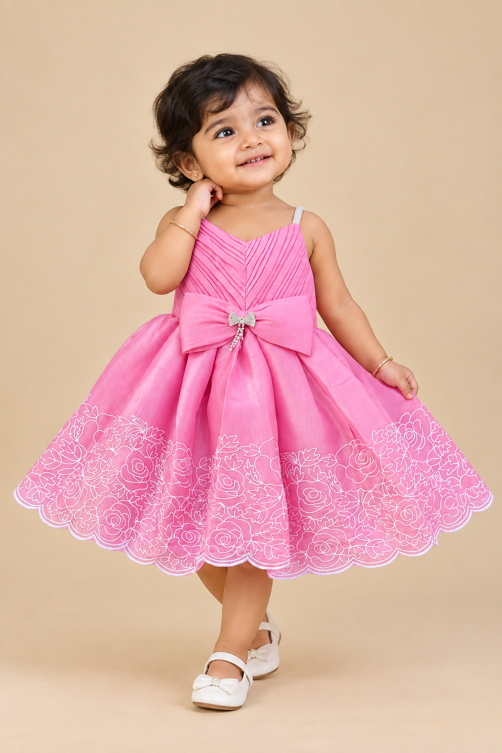 Little Girl Pink Embroidered Net Party Frock with Bow Detail and Scalloped Hemline