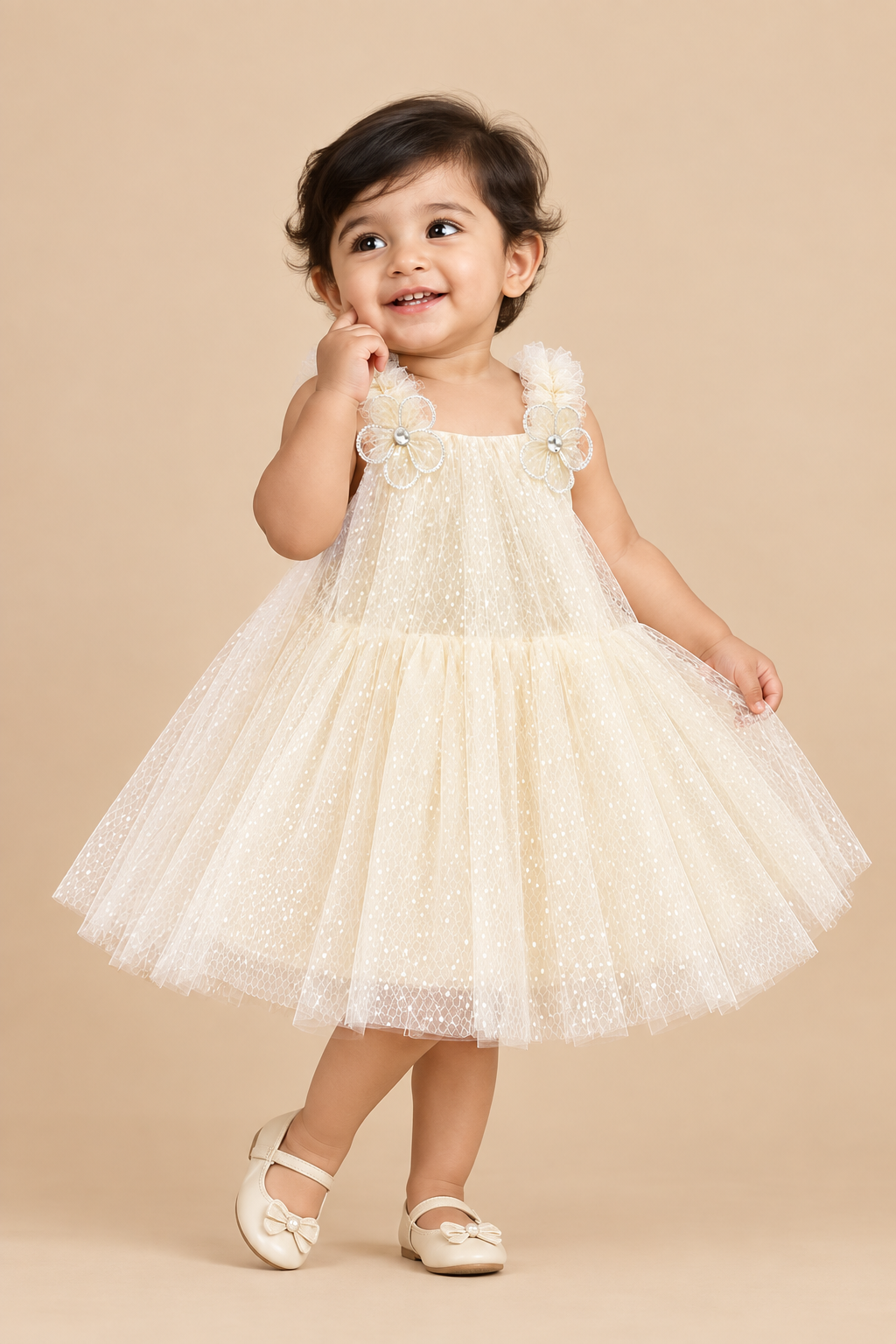 Cream Little Girl Tulle Party Frock with Polka Dots, Flower Details, and Square Neck on Hanger.