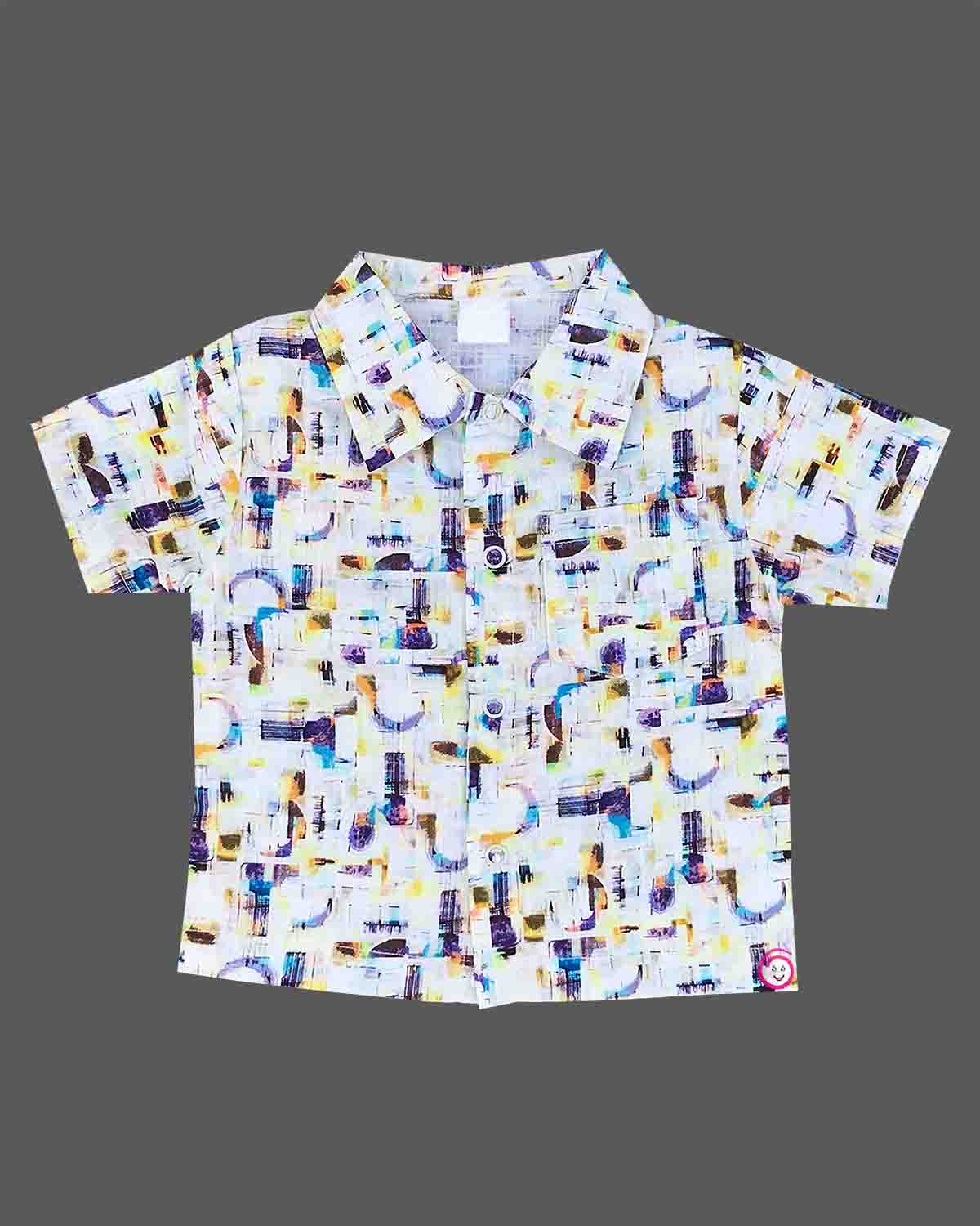 Modern multi-color abstract graphic art print muslin button-down shirt and matching shorts set for baby boys and toddler casual outdoor wear