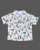 Modern multi-color abstract graphic art print muslin button-down shirt and matching shorts set for baby boys and toddler casual outdoor wear