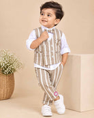 Beige striped waistcoat suit set with white shirt and bow tie for toddler boys