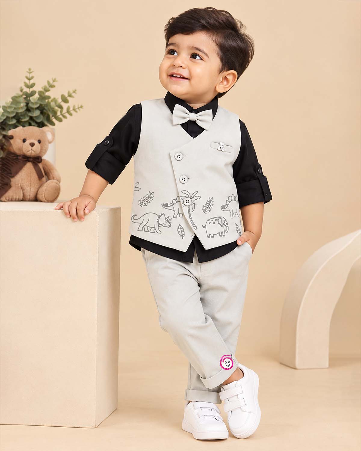 Black and off-white animal printed waistcoat suit set with bow tie for infant boys