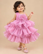 Baby girl light pink organza layered party frock with giant flower detail