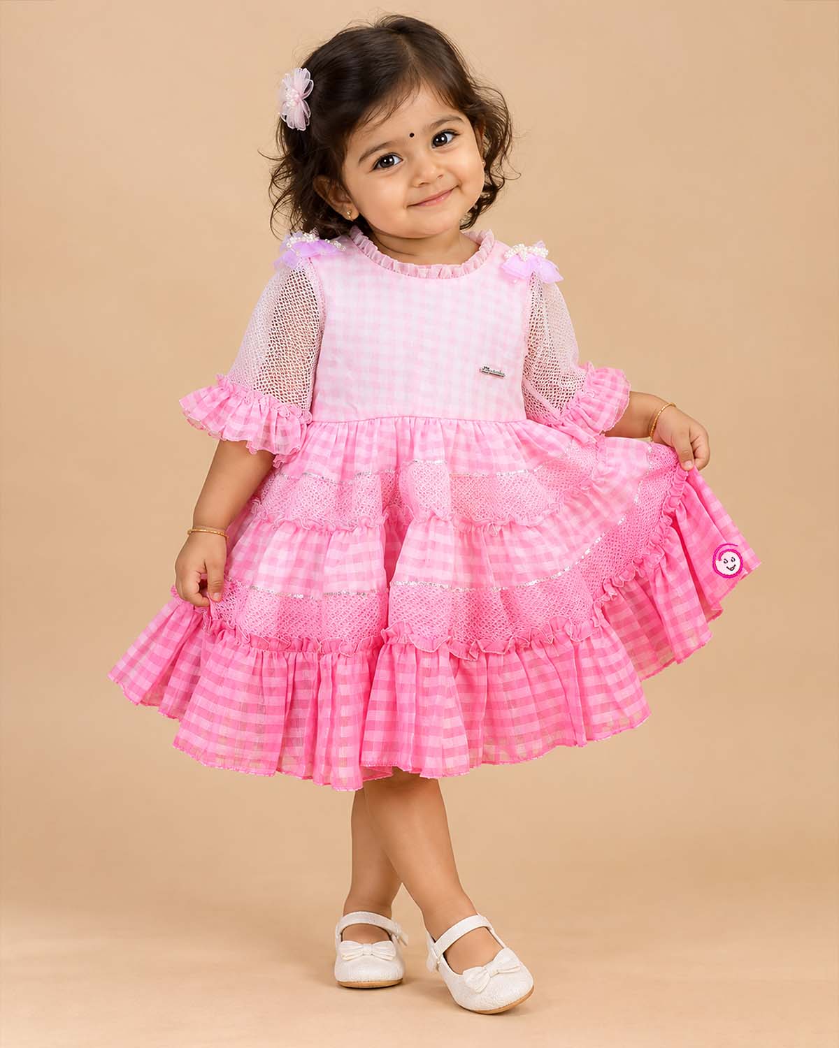 Little princess pink checkered western frock with lace ruffles and mesh sleeves