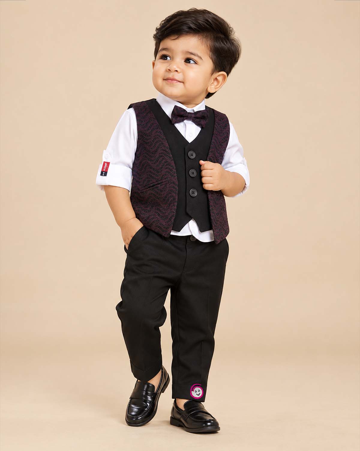 Black and wine purple textured velvet waistcoat suit set with bow for boys