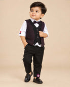Black and wine purple textured velvet waistcoat suit set with bow for boys