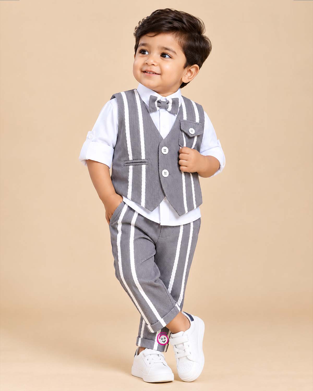 Grey striped waistcoat suit set with light blue shirt and bow tie for boys