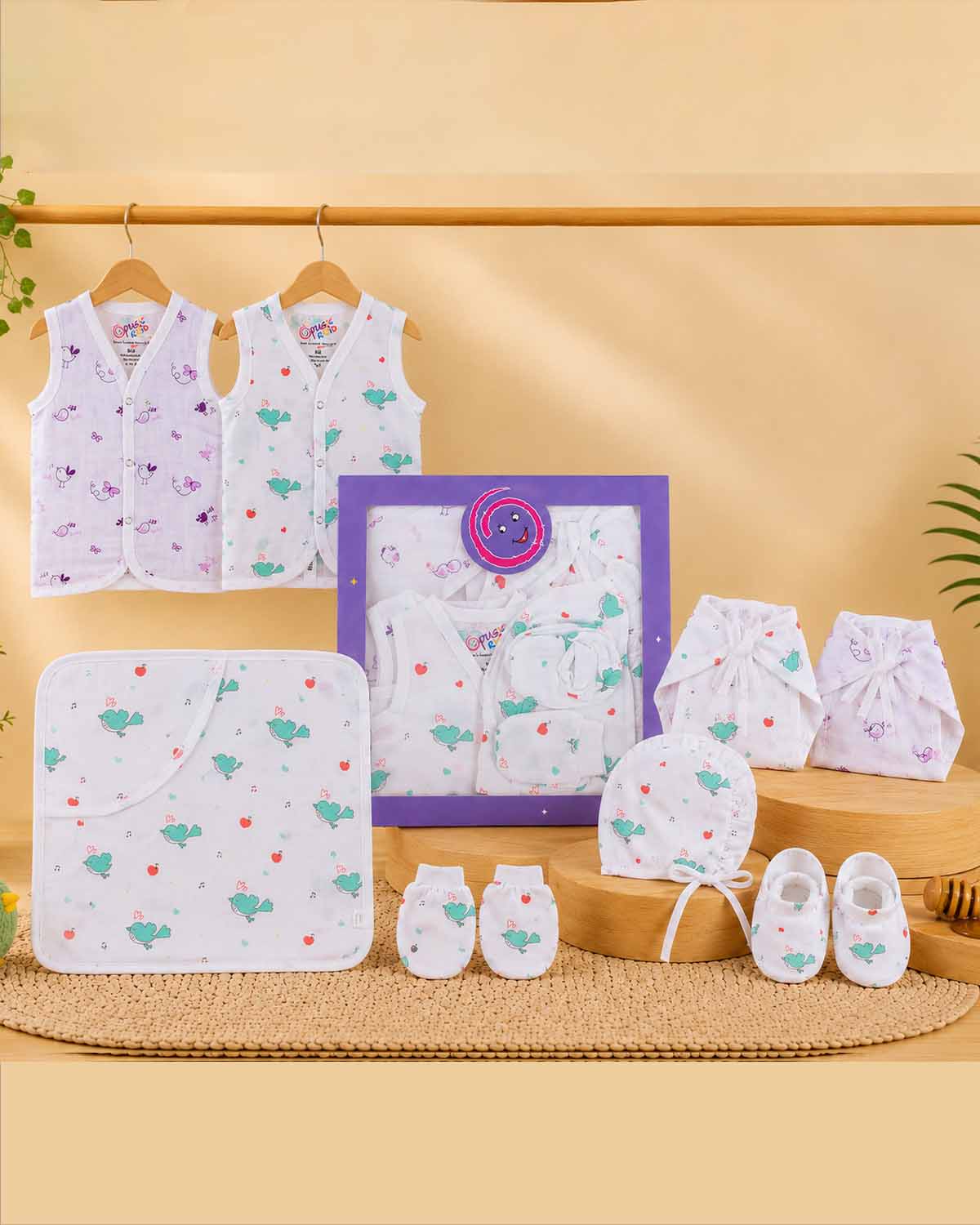 Infant newborn luxury gift hamper box with soft muslin sleeveless tops tie nappies hooded wrapping sheet bonnet mittens and booties