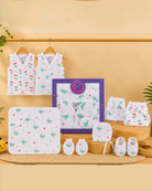 Infant newborn essential layette combo kit including front open vests cloth nappies ruffled bonnet blanket mittens and booties