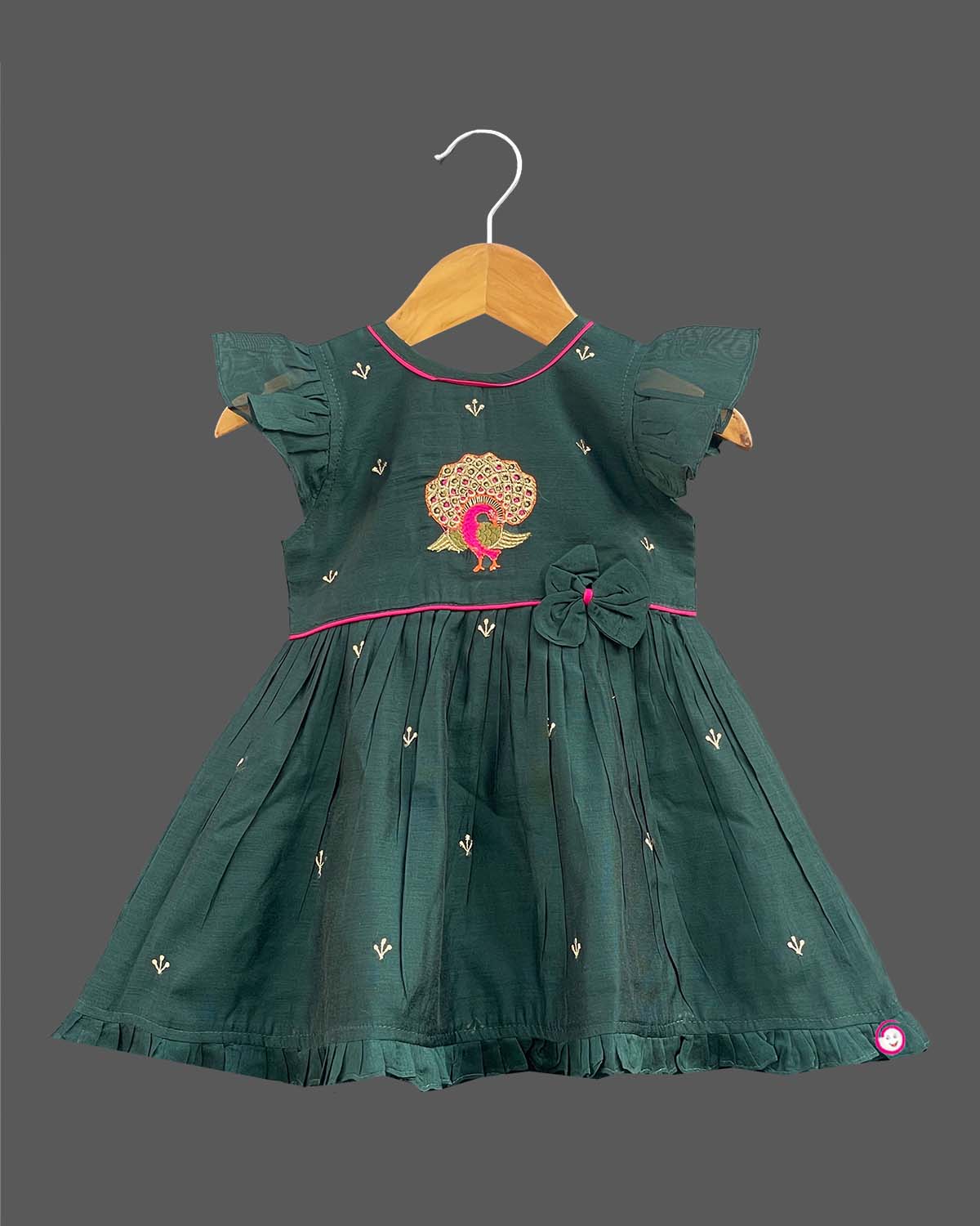 Girls peacock printed traditional frock - Dark Green